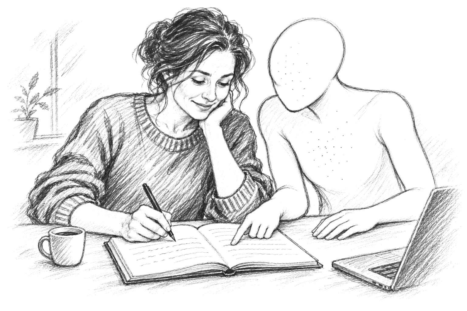 Boceto a lápiz: una mujer escribe en su cuaderno junto a la laptop mientras su asistente, una figura serena dibujada en contorno, le señala un renglón de la página.