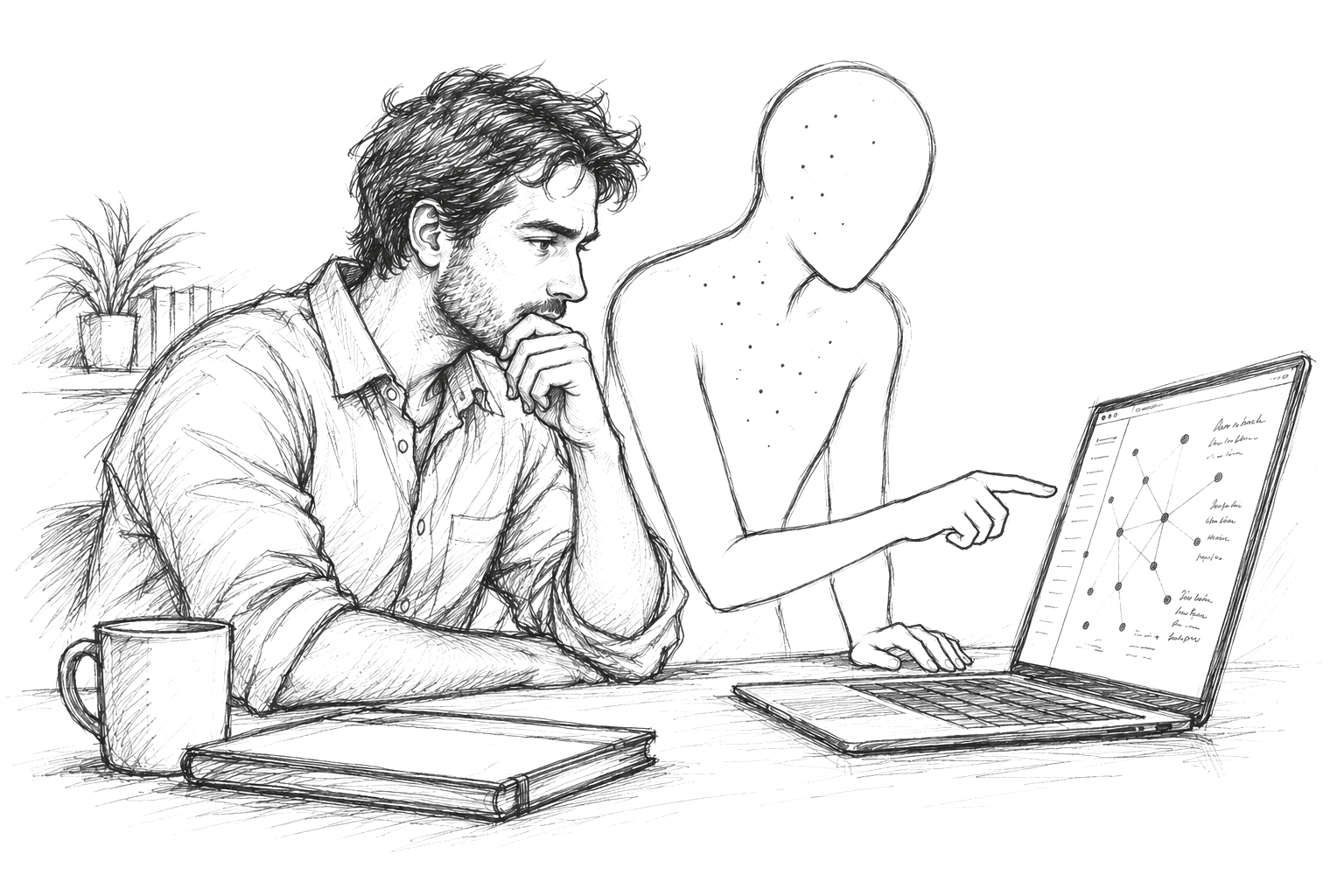 Boceto a lápiz: un hombre mira en su laptop una red de notas conectadas mientras su asistente, una figura serena dibujada en contorno, le señala un punto de la red.